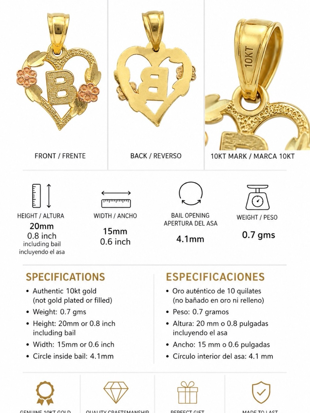10KT Gold Heart 'B' Initial Pendant with Rose Accents - Gold